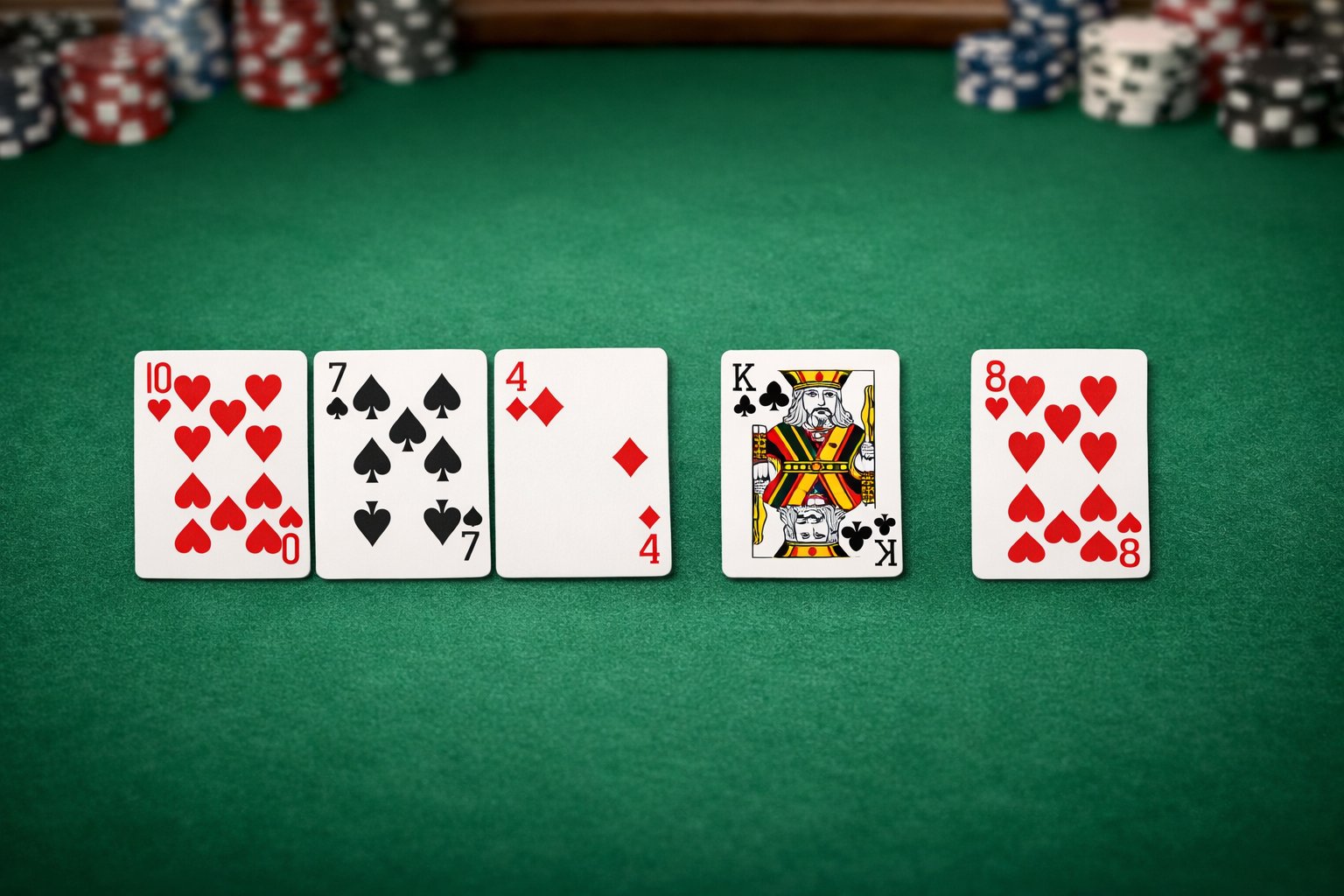 A poker table showing five playing cards arranged to represent the Flop, Turn, and River in Texas Hold'em.
