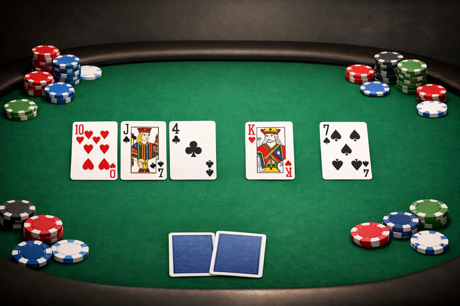 A poker table showing the community cards in Texas Hold'em arranged in three groups: three cards for the Flop, one card for the Turn, and one card for the River.
