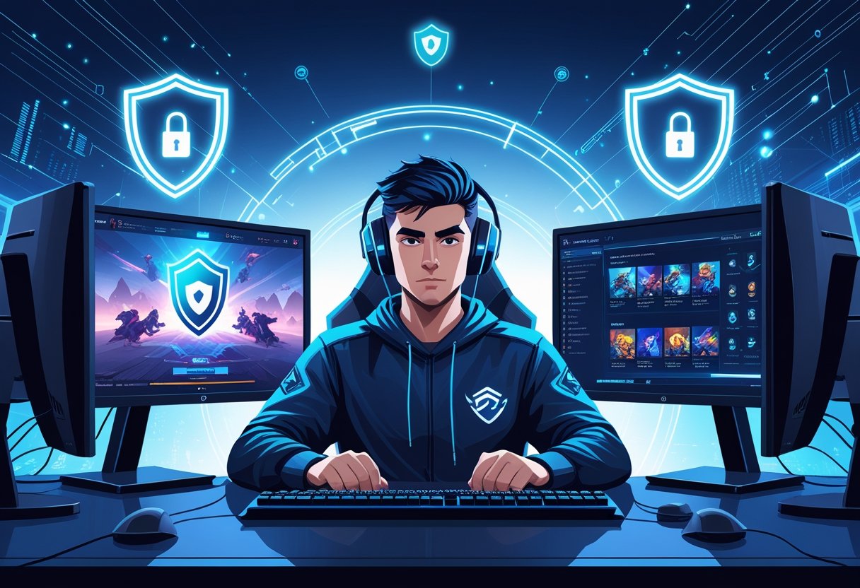 A focused gamer at a high-tech gaming setup with glowing shield and lock icons around, symbolizing protection and security.