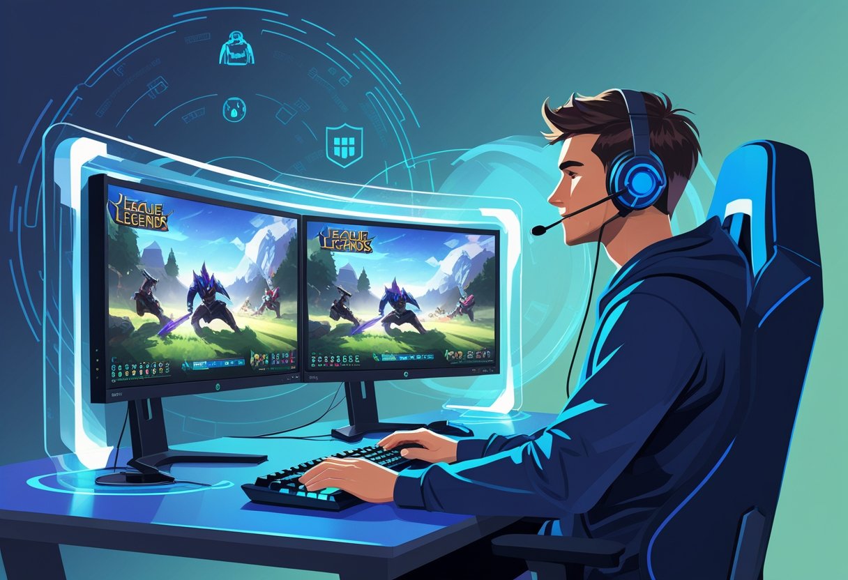 A gamer at a computer setup playing League of Legends, surrounded by a glowing protective shield representing security and safety.
