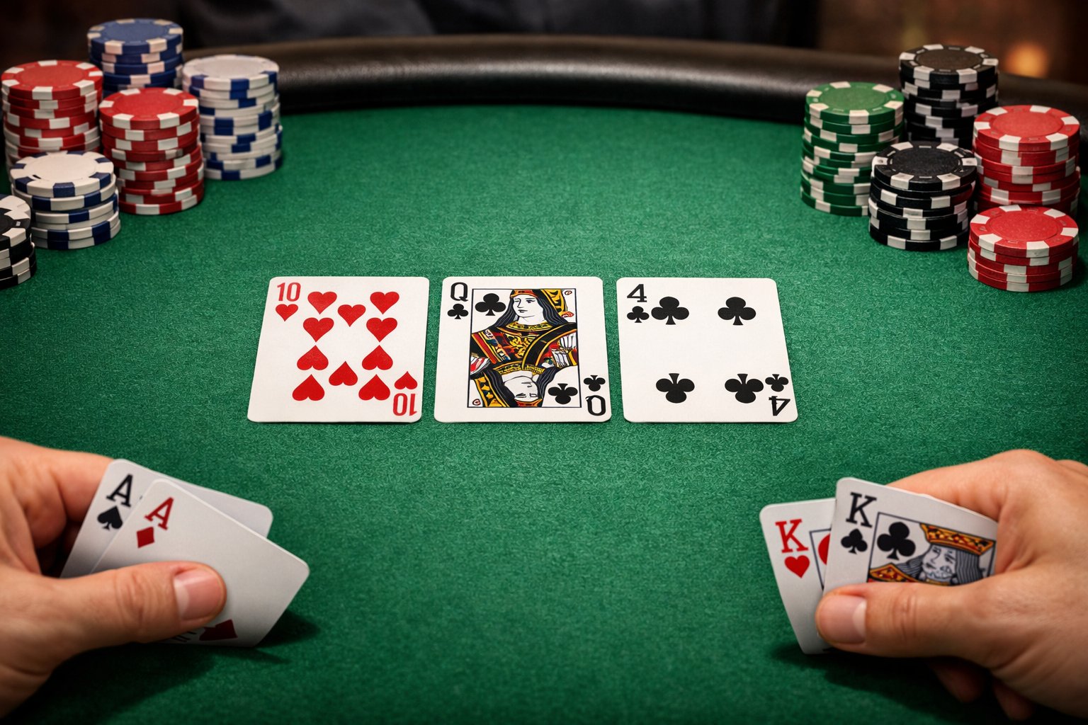 A poker table showing three community cards face-up in the center with players holding hole cards and stacks of chips nearby.