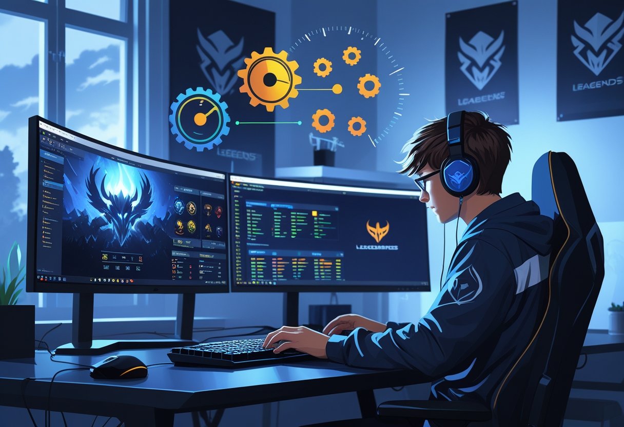 A gamer at a desk with multiple monitors showing a video game, surrounded by icons representing performance and settings adjustment.