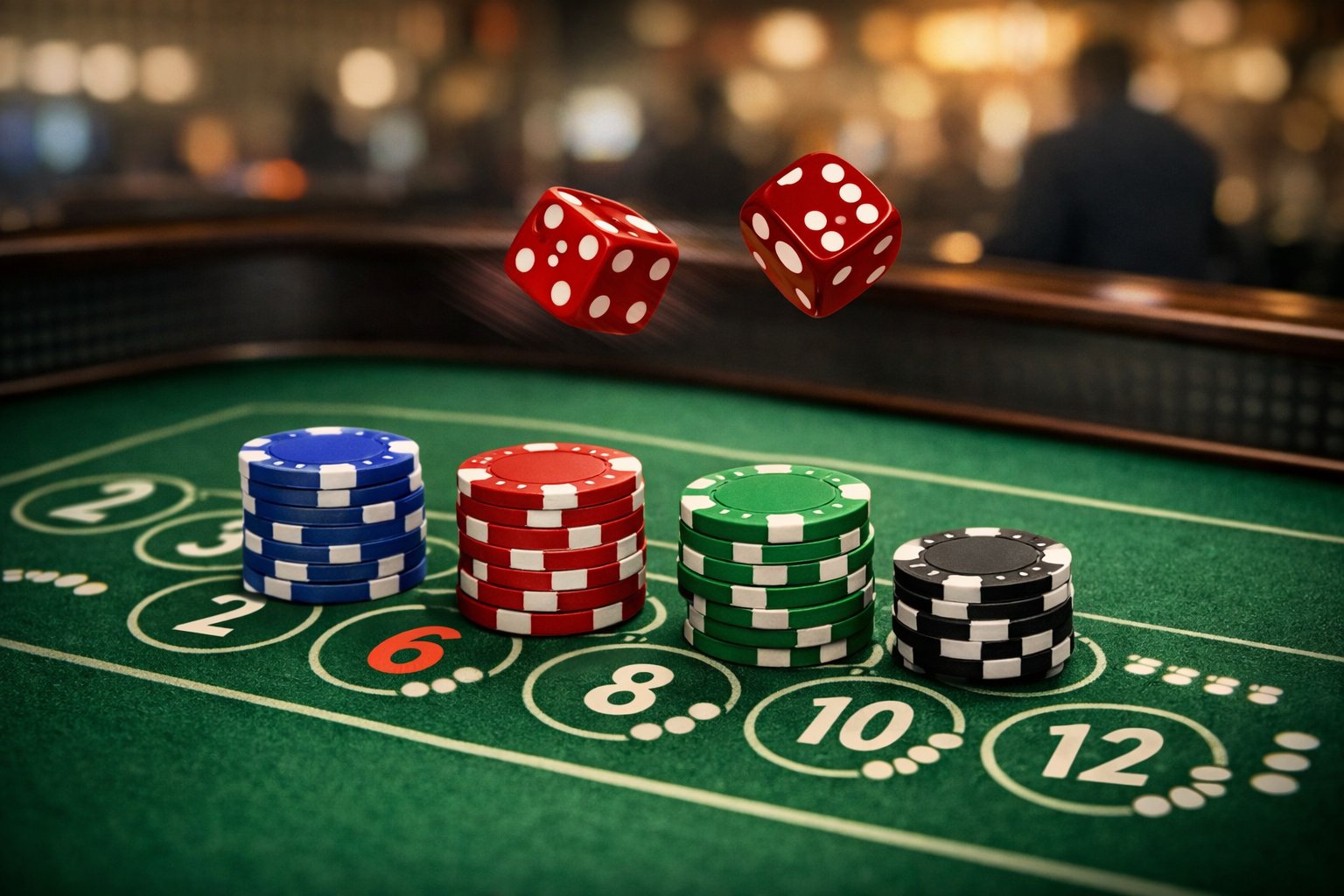 A craps table showing chips placed on the Repeater Bet area with dice rolling above the table and blurred casino background.