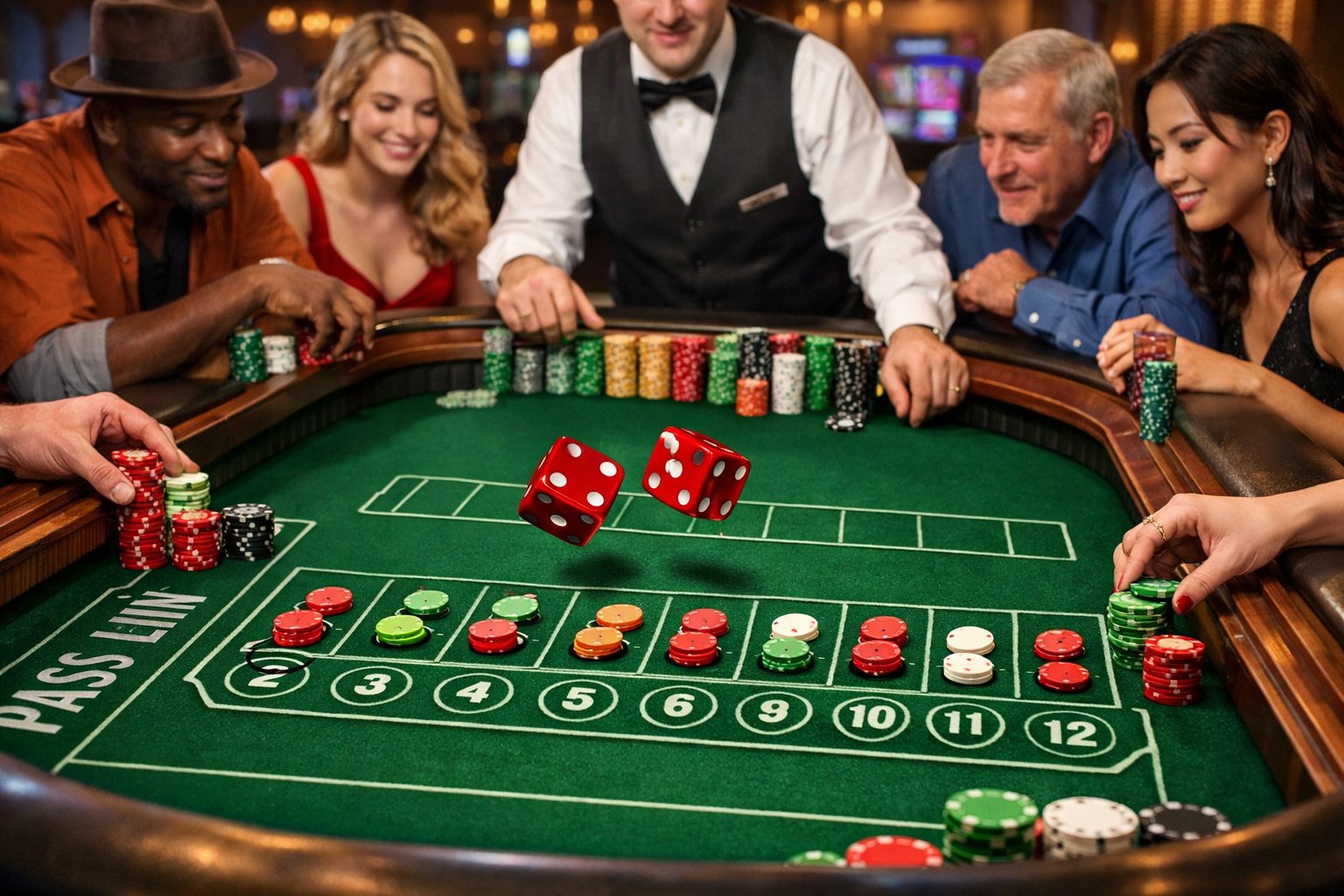 A group of people playing craps at a casino table, with dice in mid-roll and chips on the betting areas, showing an active gambling scene.