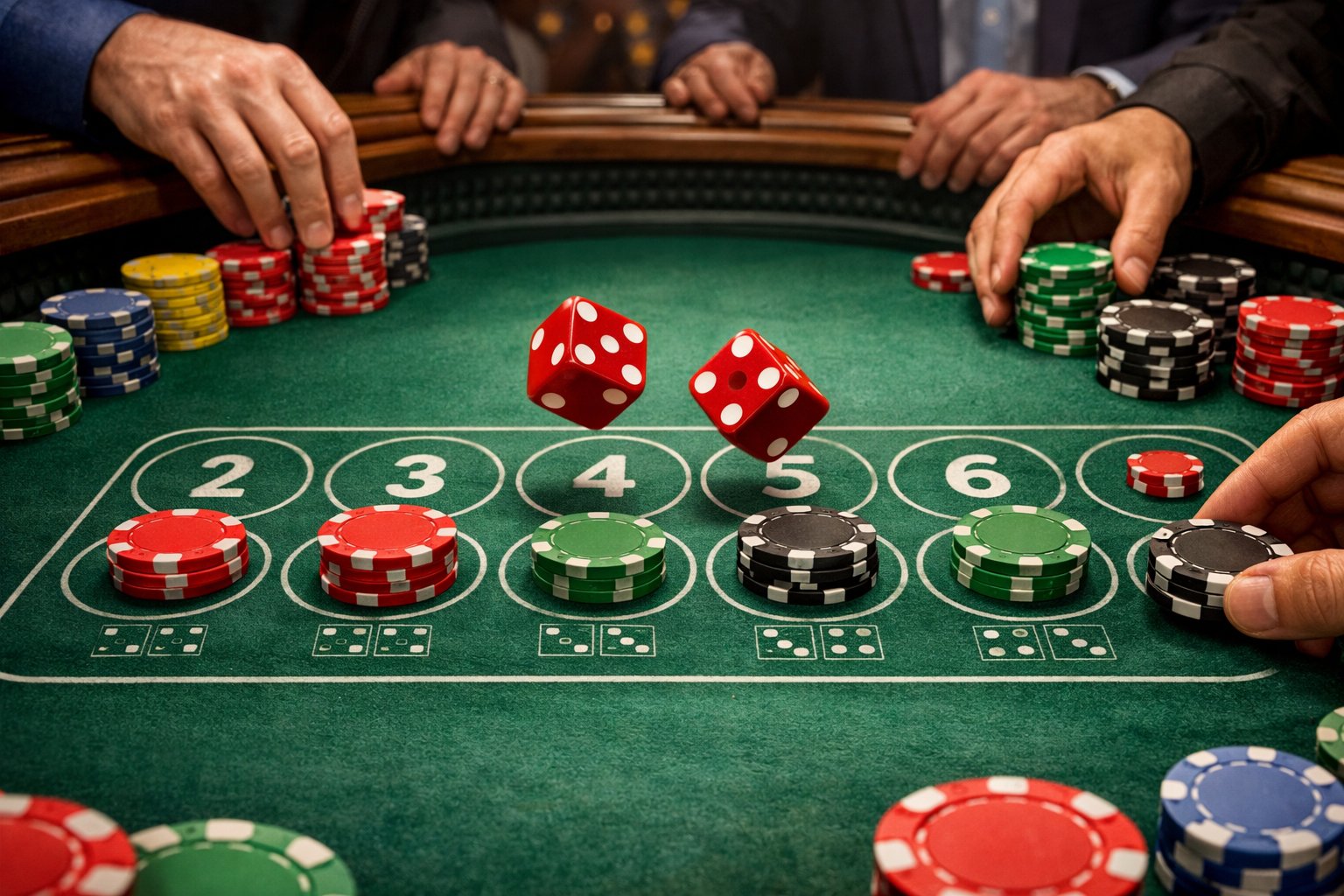 A craps table showing players placing chips on the repeater bet area while dice are rolling.