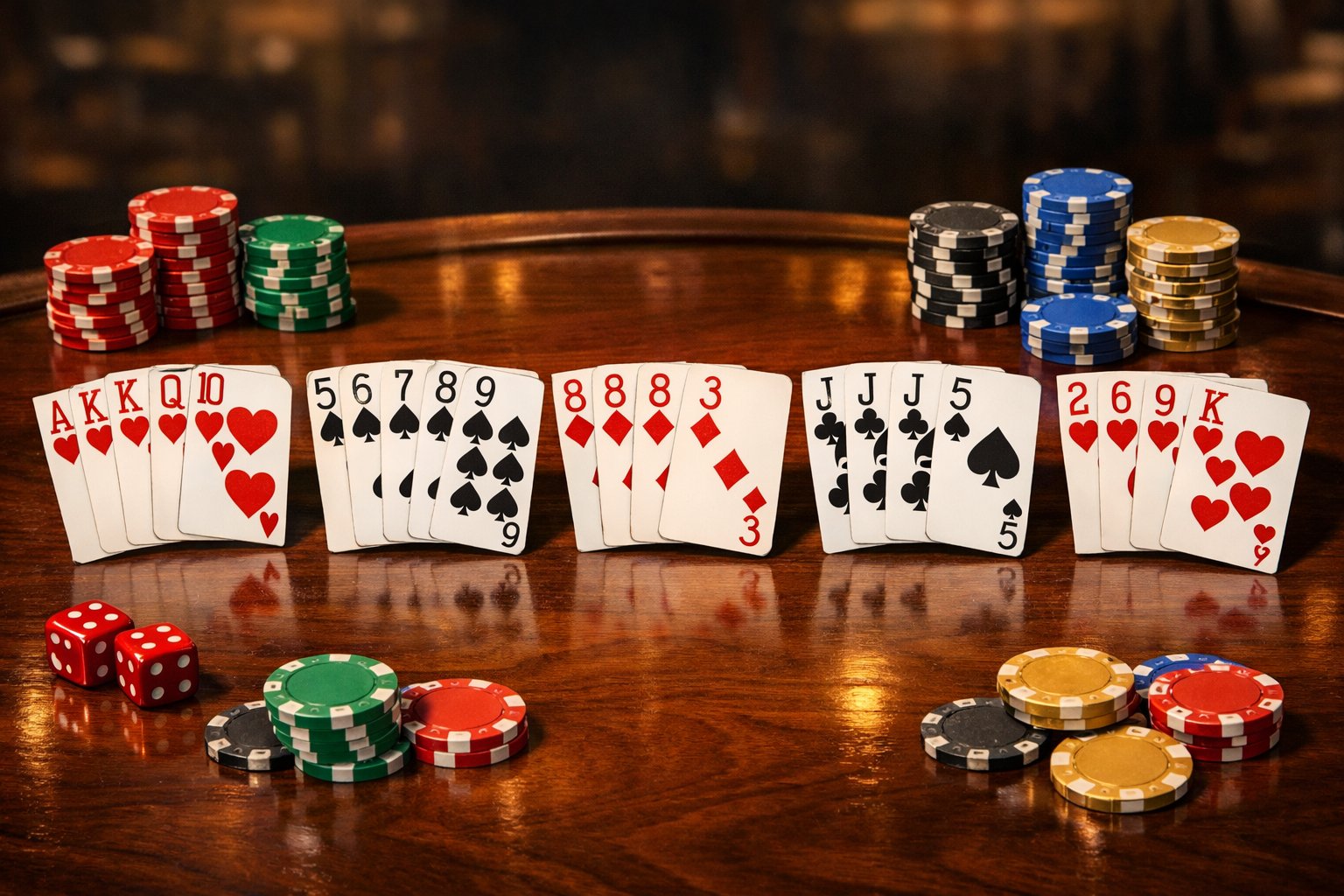 Five distinct poker hands displayed on a wooden table with poker chips and dice nearby.