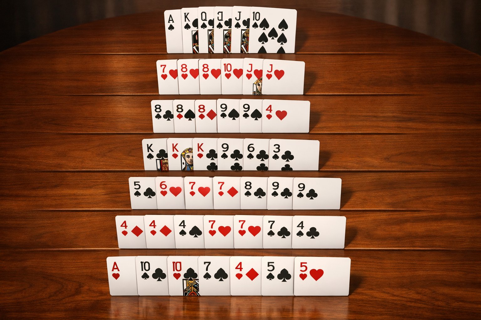 A clear arrangement of poker hands displayed from highest to lowest ranking on a wooden table, showing various playing card combinations without any text.