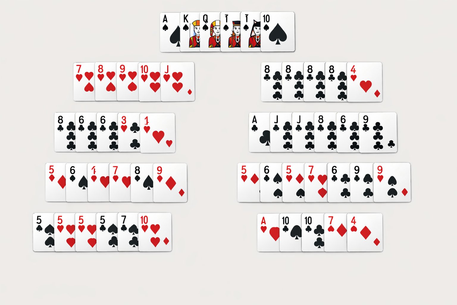 A series of poker hands arranged in order from best to worst, each hand shown with five playing cards clearly visible.