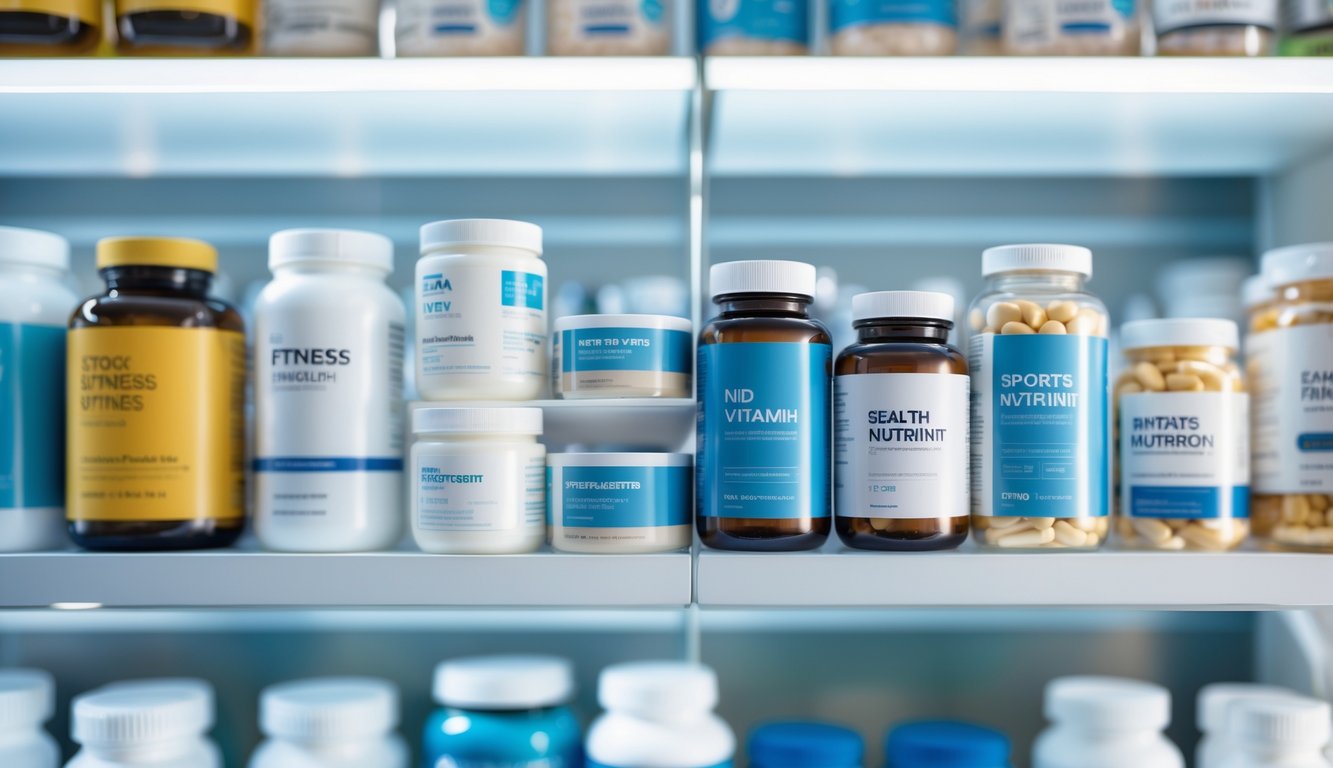 Полка в аптеке с различными банками спортивных добавок и витаминов.