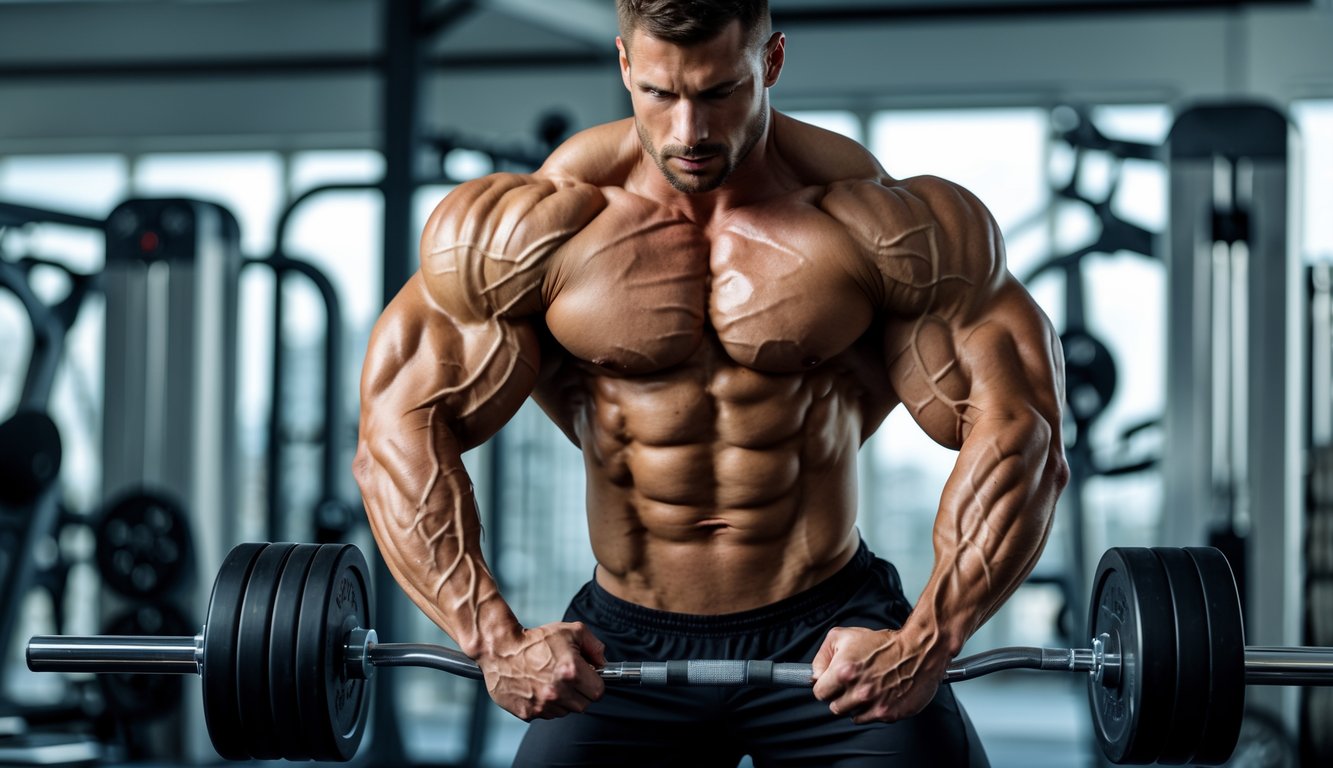 Мужчина-атлет выполняет силовые упражнения в спортзале на фоне тренажёров.