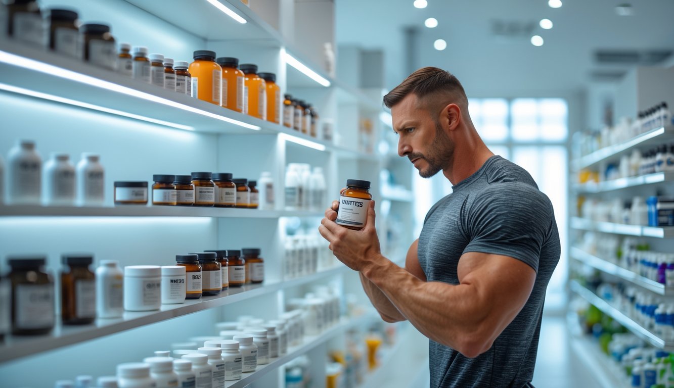Мужчина в спортивной одежде внимательно рассматривает бутылочку с добавками в аптеке или магазине спортивного питания.