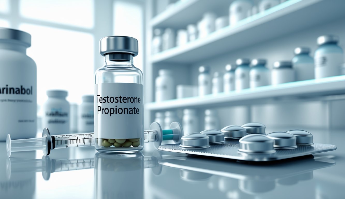 Флакон с лекарством и шприц на столе в аптеке с блистерами таблеток на фоне.