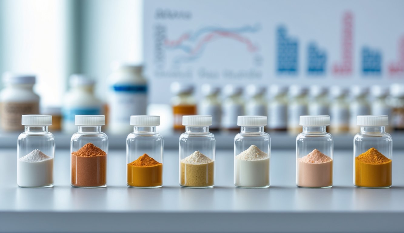 Несколько контейнеров с разными веществами на белом столе в лаборатории для сравнения стероидов.