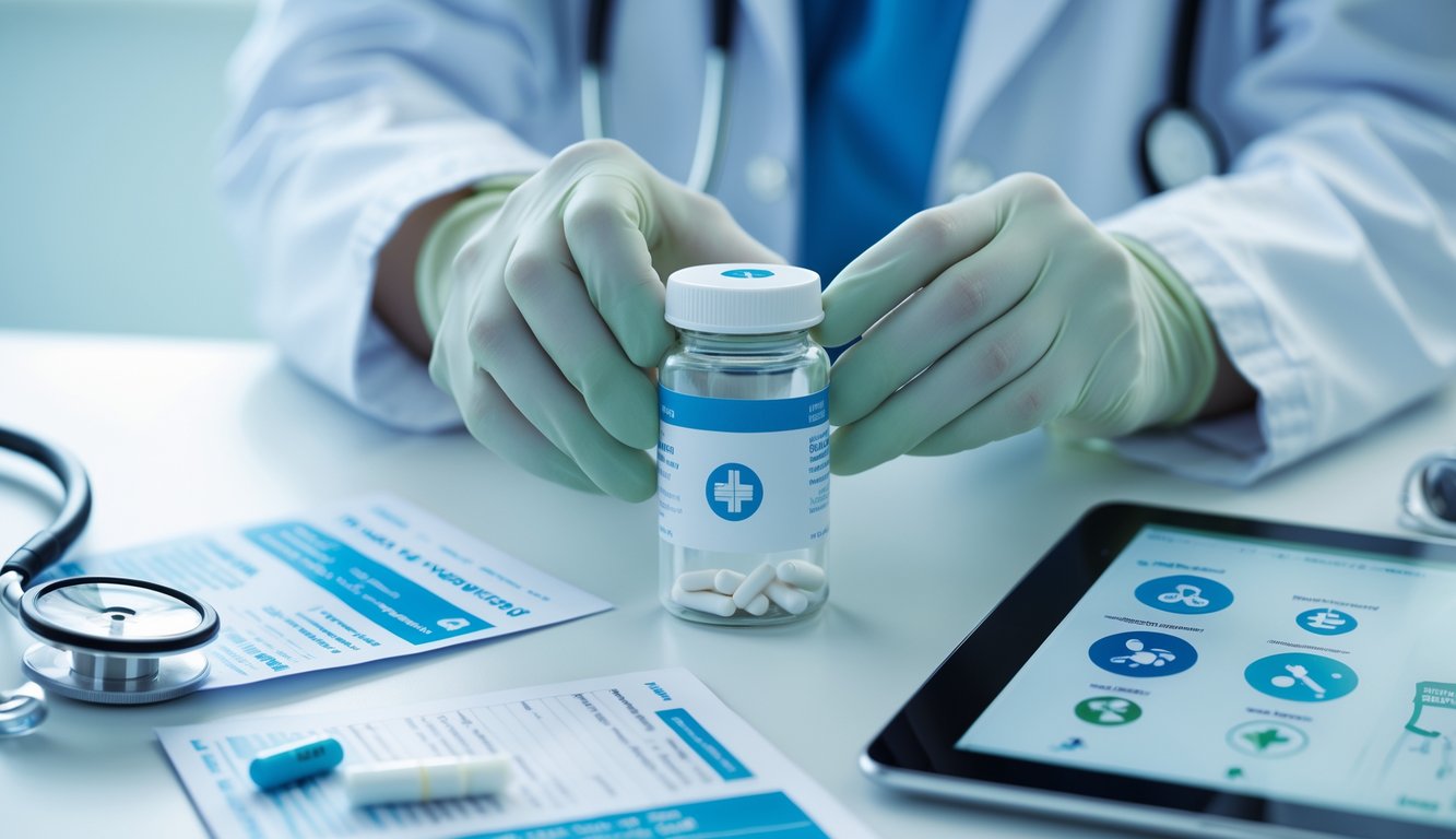 Руки медицинского работника в перчатках держат прозрачную бутылочку с таблетками на фоне медицинских приборов и информационных материалов.