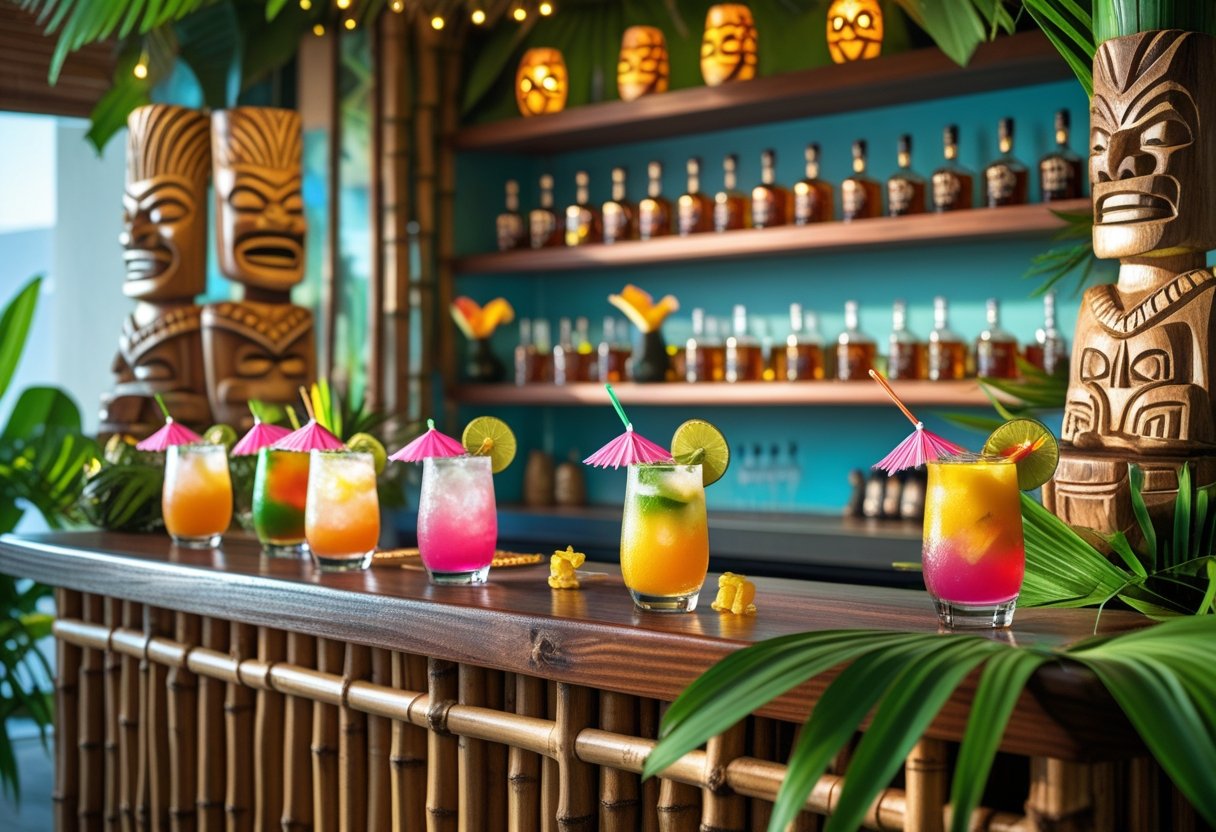A tiki bar counter decorated with carved tiki statues, tropical plants, colorful cocktails with fruit garnishes, and bottles of rum on shelves in the background.
