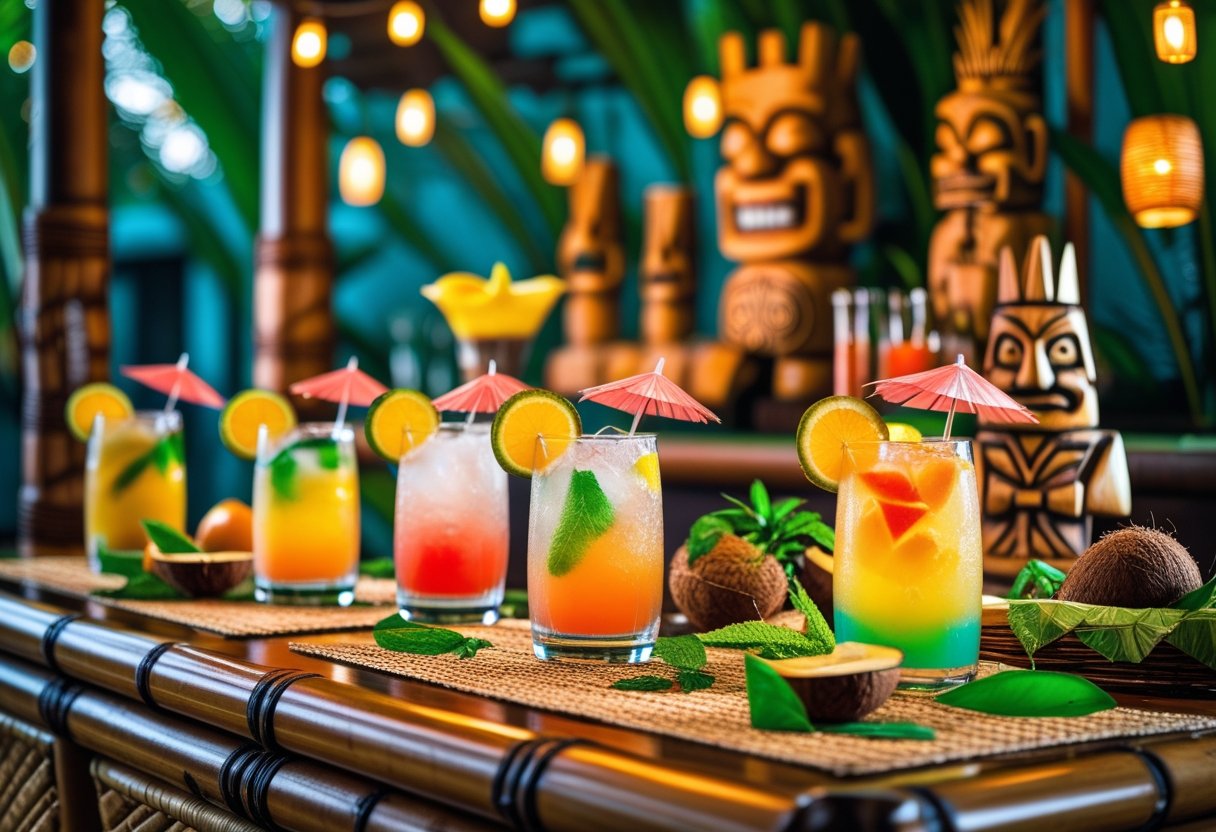 A tiki bar with bamboo counter, tropical cocktails, tiki statues, palm leaves, and warm ambient lighting.