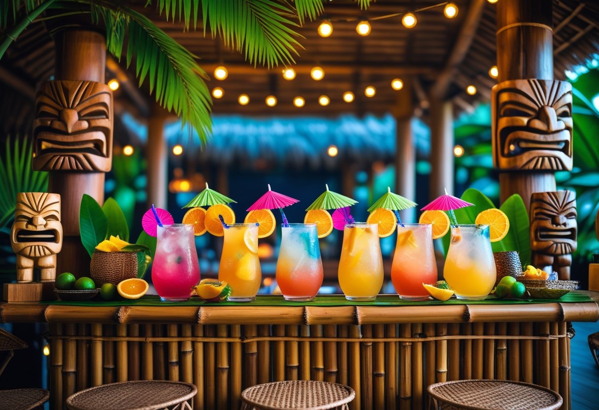 A tiki bar with colorful tropical cocktails on a bamboo counter, surrounded by tiki statues, palm leaves, string lights, and bamboo furniture.