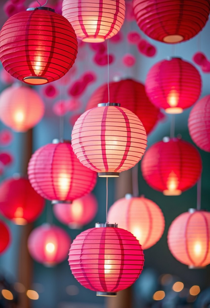 Red and pink paper lanterns hanging and glowing warmly in a festive setting.