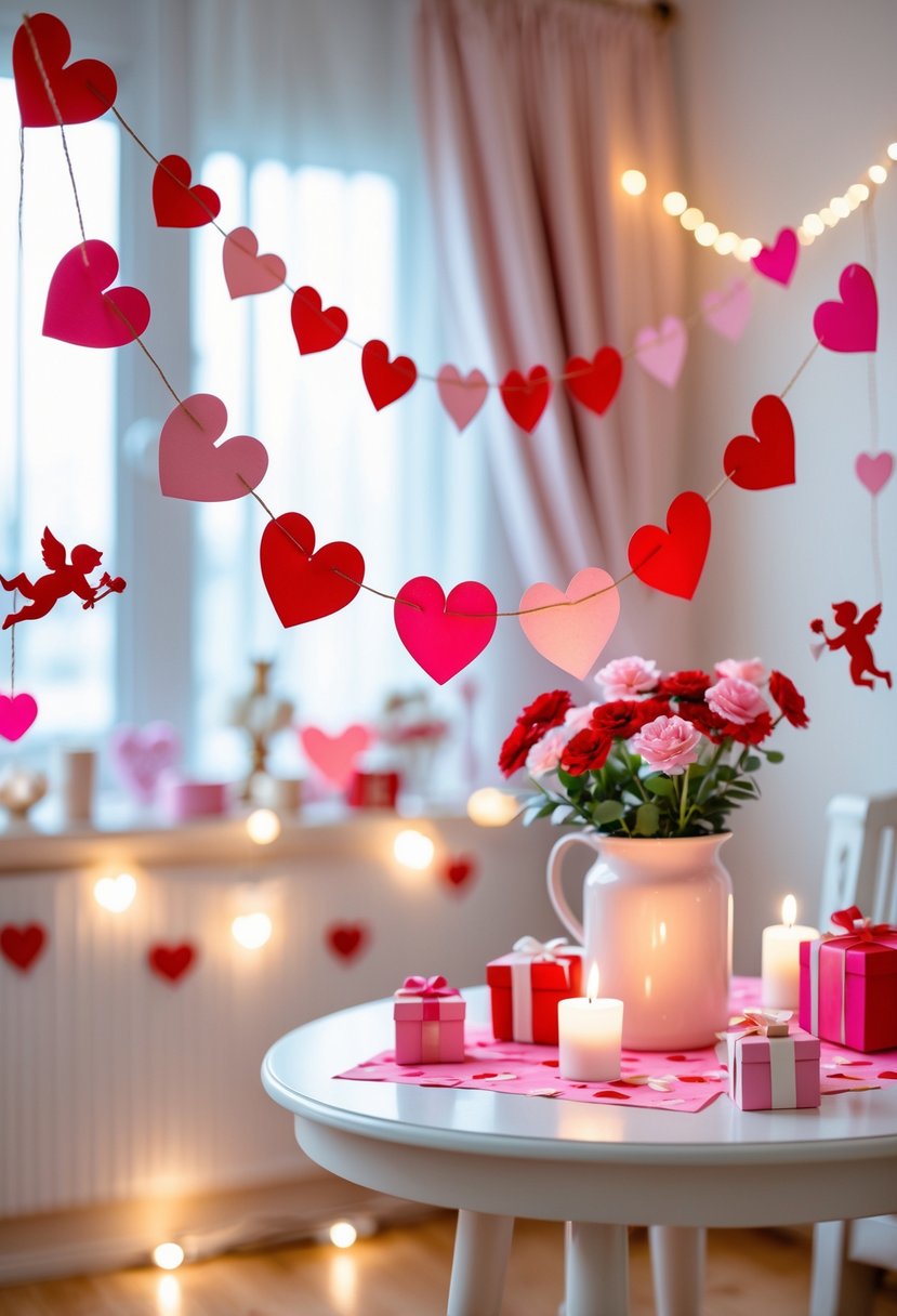A room decorated with handmade heart and cupid garlands hanging above a table set for a Valentine’s Day party.