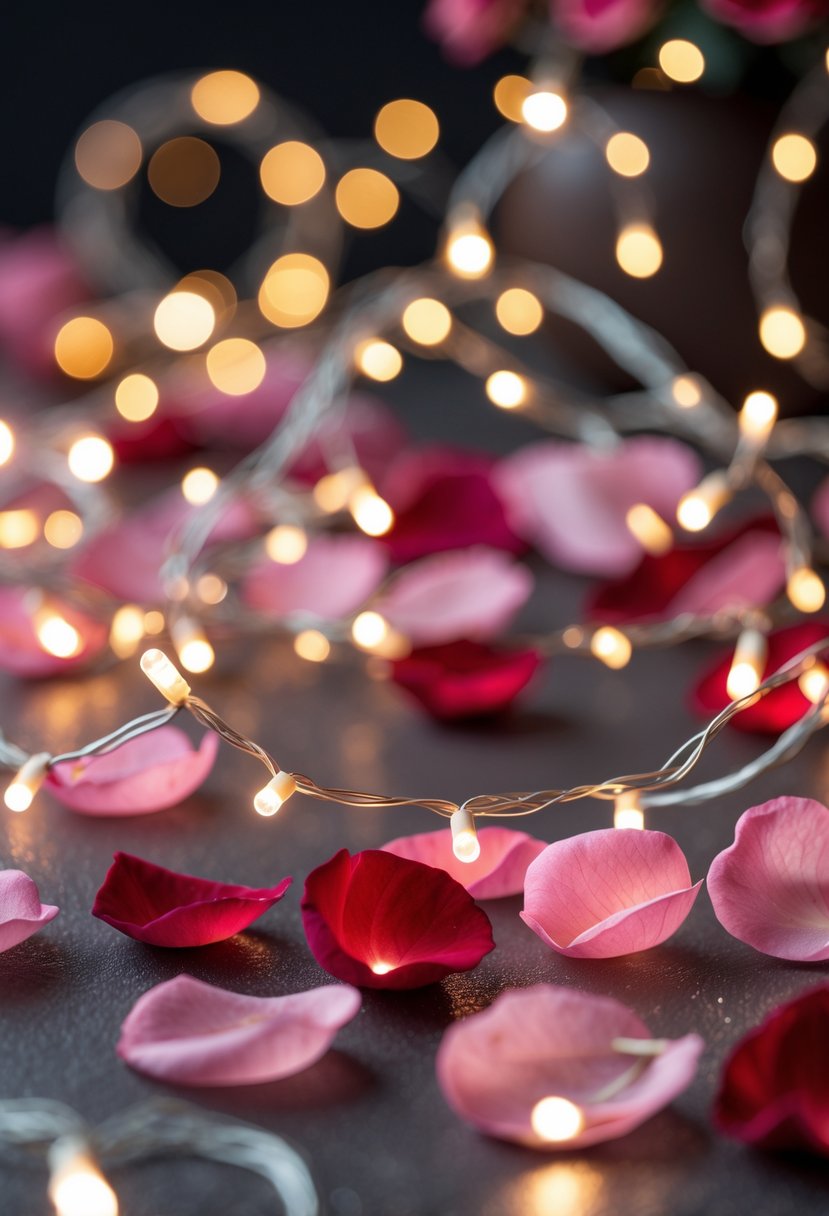 Close-up of fairy lights intertwined with pink and red rose petal strands glowing softly.
