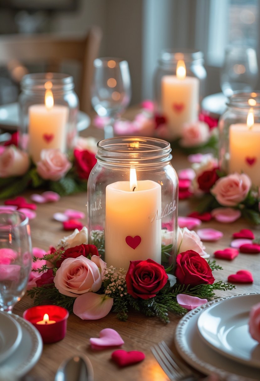A table decorated with candle-lit mason jars surrounded by rose petals and small flowers.