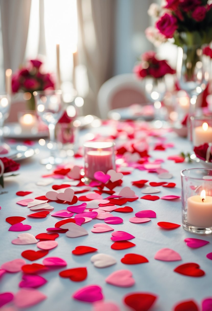 Close-up of heart-shaped confetti scattered on tables decorated for a Valentine party.