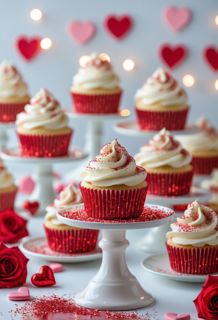 Cupcake stands displaying cupcakes decorated with white frosting and red edible glitter on a table with Valentine’s Day decorations in the background.