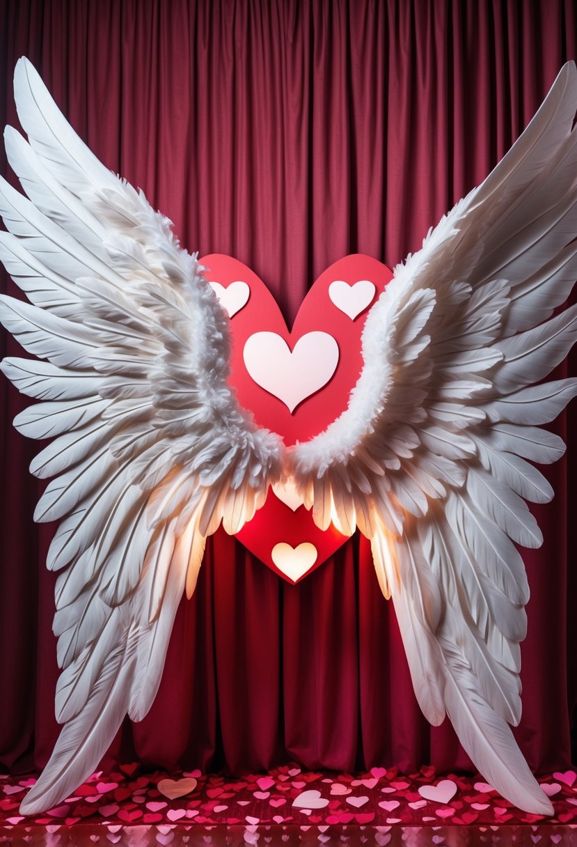 Photo booth backdrop with large white Cupid wings on a red and pink Valentine-themed background.