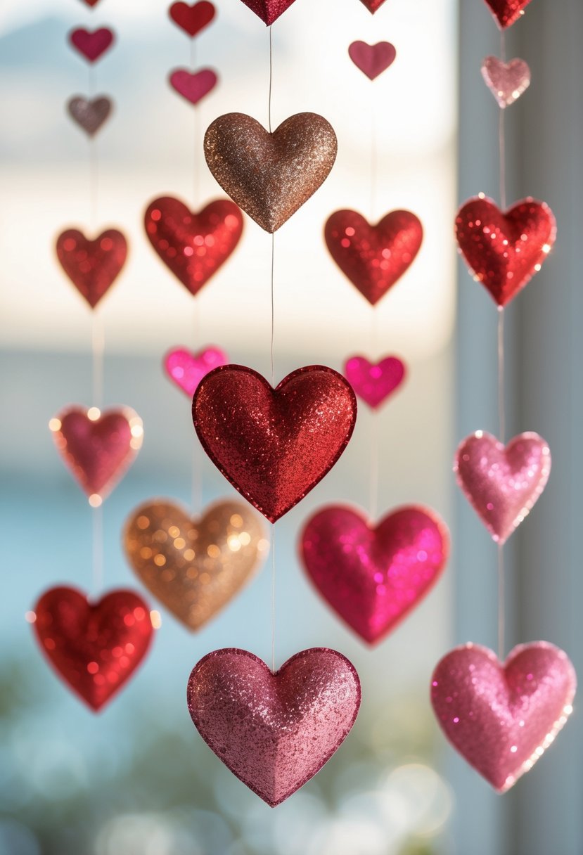 Glittery heart-shaped decorations hanging from strings against a blurred background.