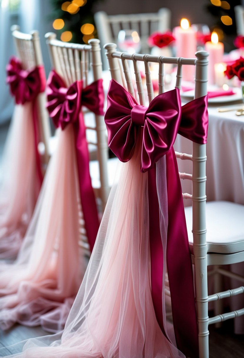 Chairs decorated with tulle fabric and satin bows in red and pink at a Valentine party.