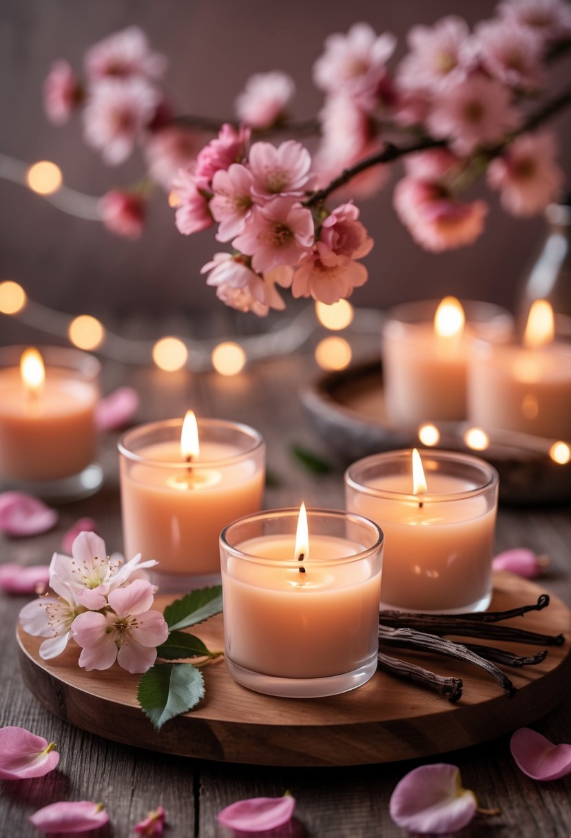 A romantic arrangement of glowing scented candles surrounded by cherry blossoms and vanilla pods on a wooden table with rose petals and soft lights in the background.