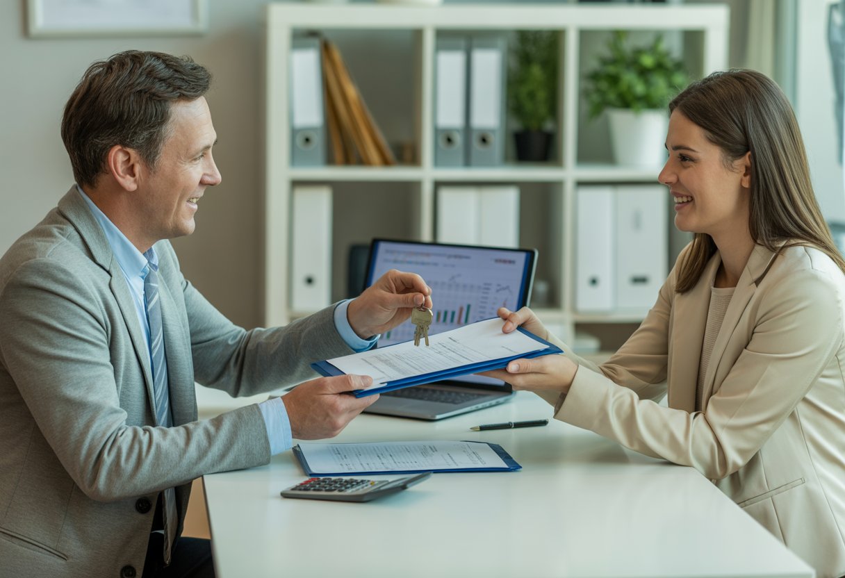 A landlord handing keys and documents to a tenant during a discussion in an office.