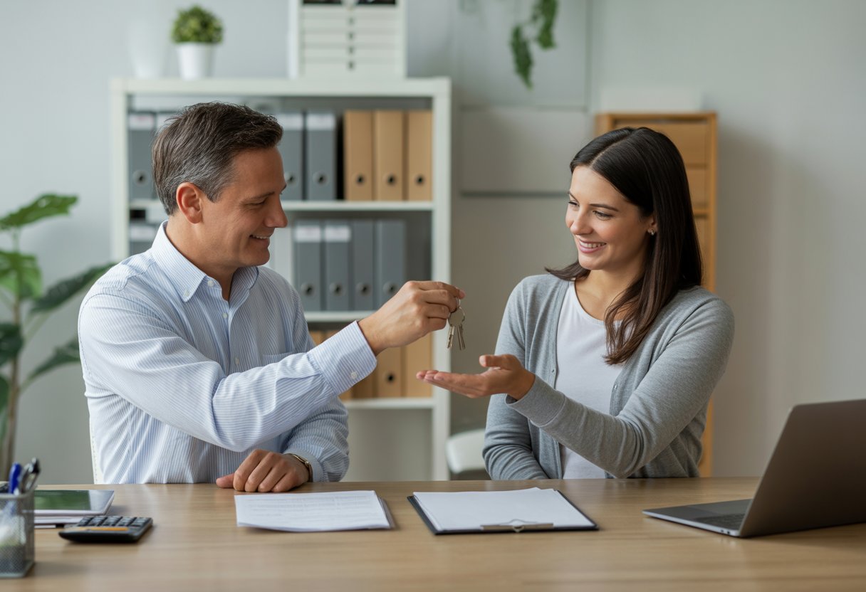 A landlord handing keys to a tenant across a desk with documents and a laptop in a bright office.