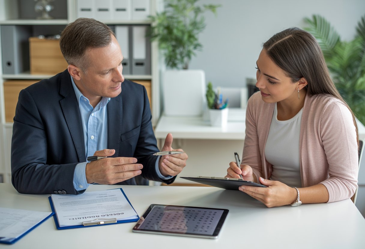 A landlord and tenant discussing tenancy agreement documents at a desk in an office.