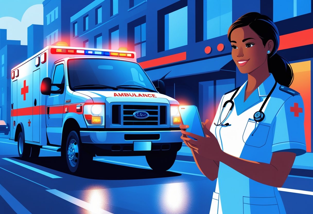 Ambulância com luzes piscando em uma rua da cidade, com um profissional de saúde segurando um smartphone ao lado.