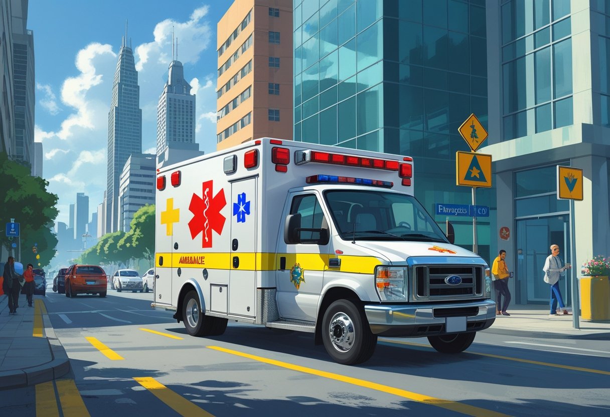 Uma ambulância branca com faixas vermelhas e amarelas parada em uma rua movimentada de São Paulo, com prédios altos ao fundo e pessoas ao redor.