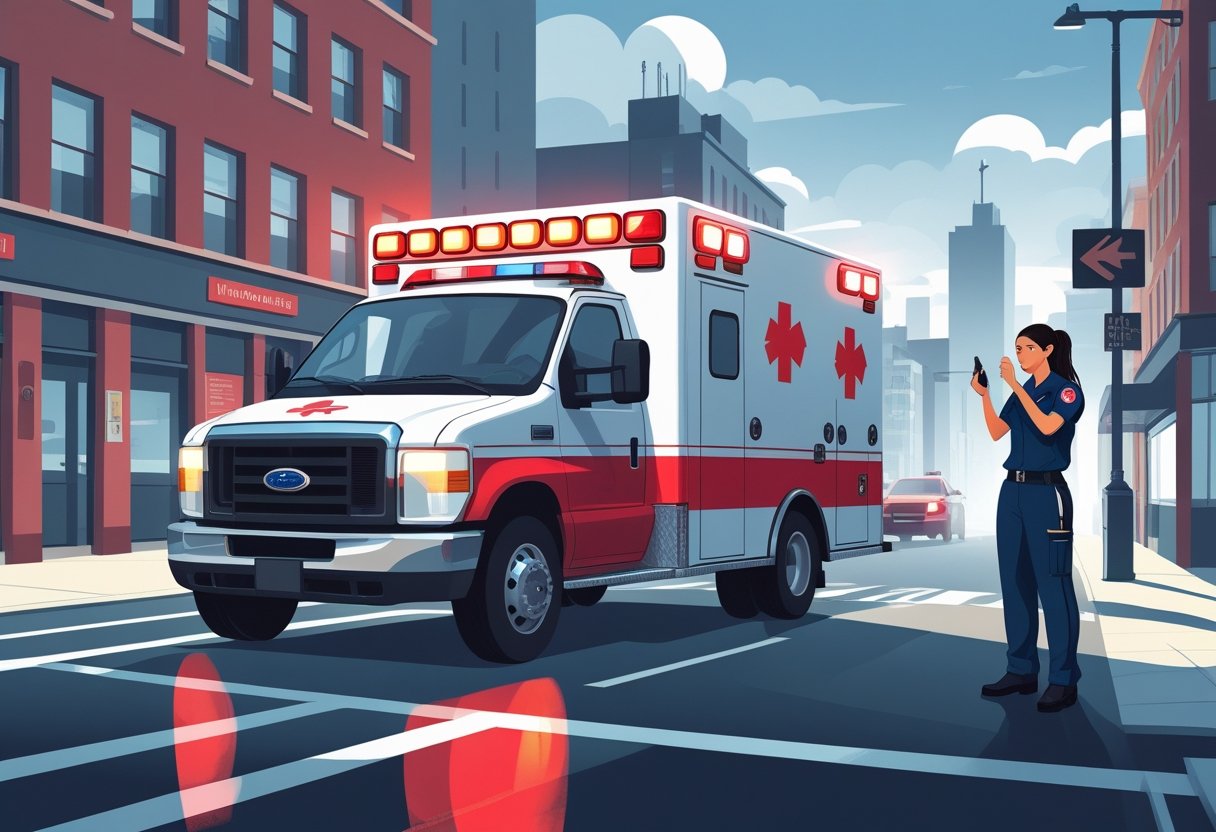 Uma ambulância com luzes piscando estacionada em uma rua da cidade, com um paramédico falando ao rádio, transmitindo uma situação de emergência.