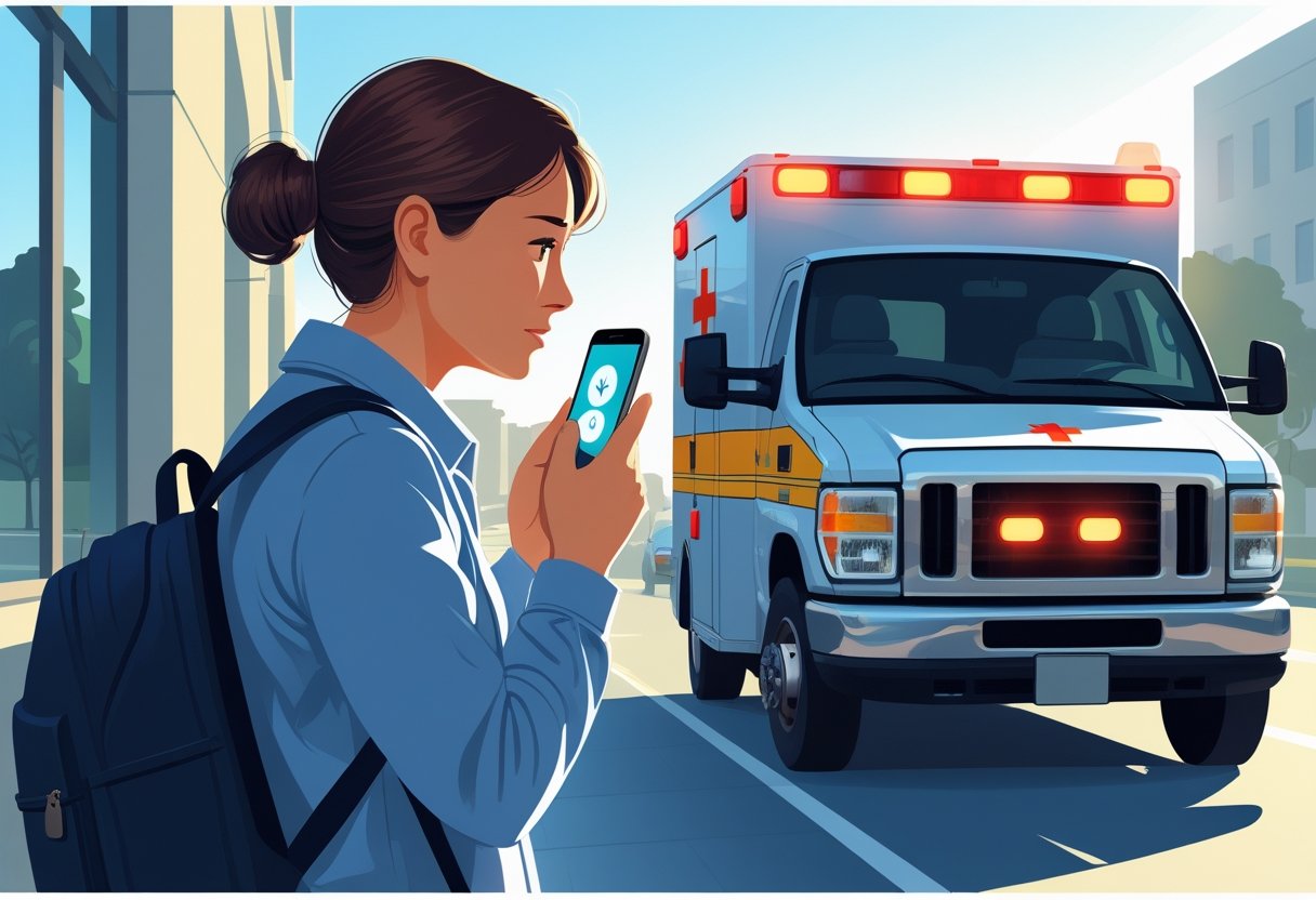 Pessoa fazendo uma ligação de emergência para a ambulância, com uma ambulância se aproximando ao fundo.