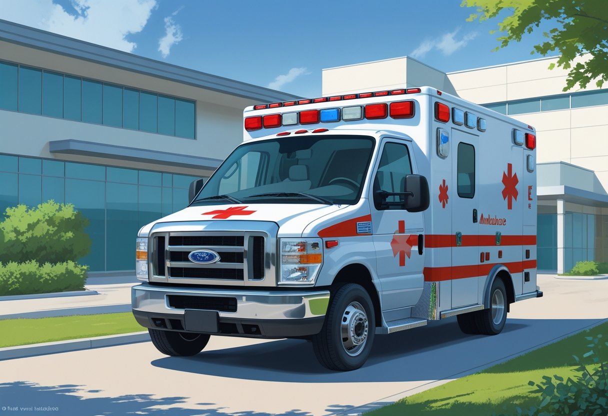 Ambulância Tipo E estacionada em frente a um hospital moderno, com luzes de emergência e equipamentos médicos visíveis pelas janelas.