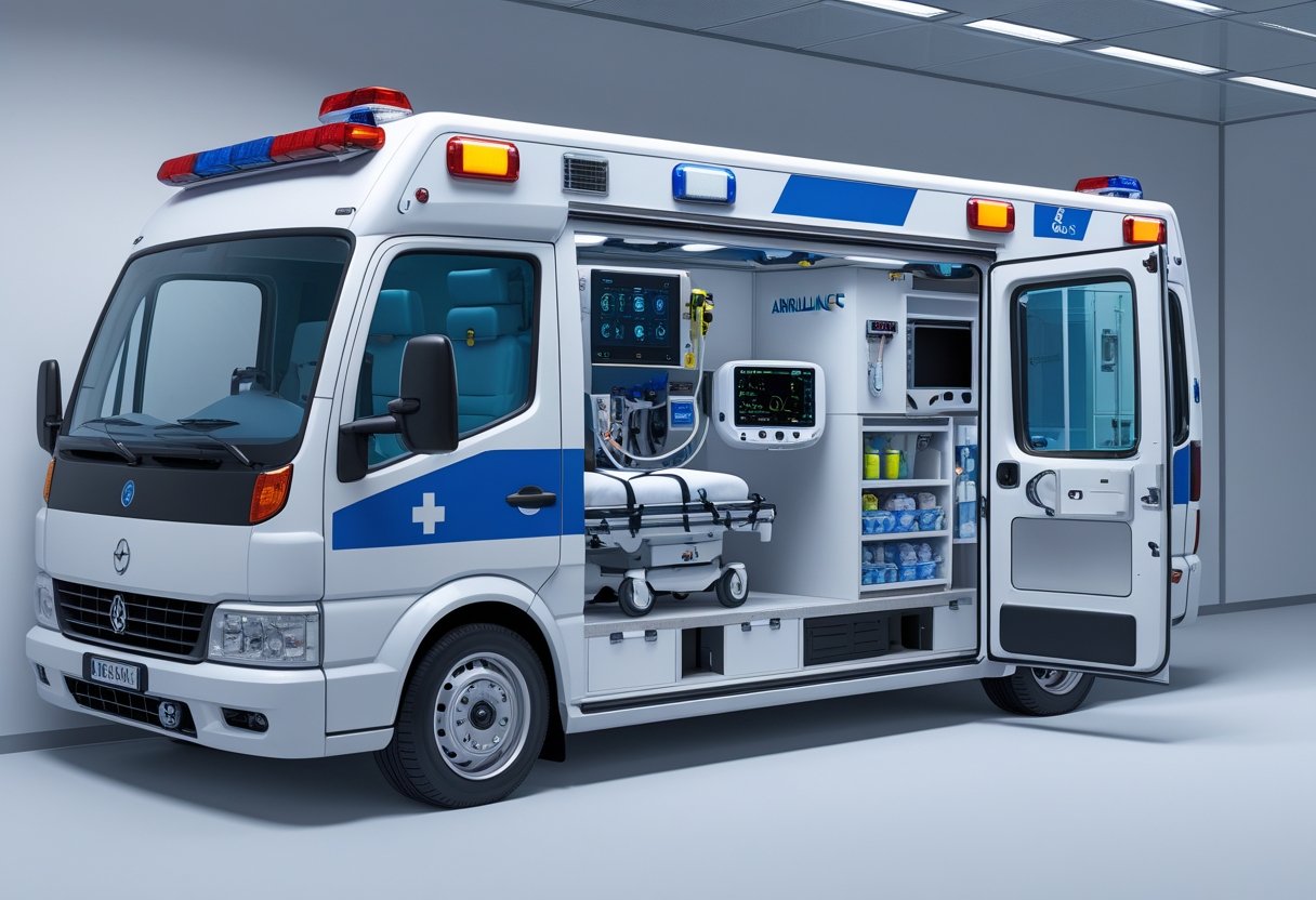 Ilustração de uma ambulância Tipo E mostrando seu interior com equipamentos médicos e dispositivos técnicos visíveis.