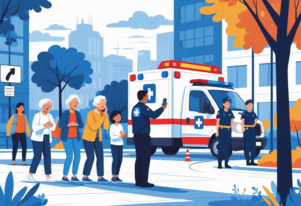 Cena mostrando pessoas em uma área urbana lidando com emergências médicas, com alguém ligando para uma ambulância enquanto profissionais de resgate chegam ao local.