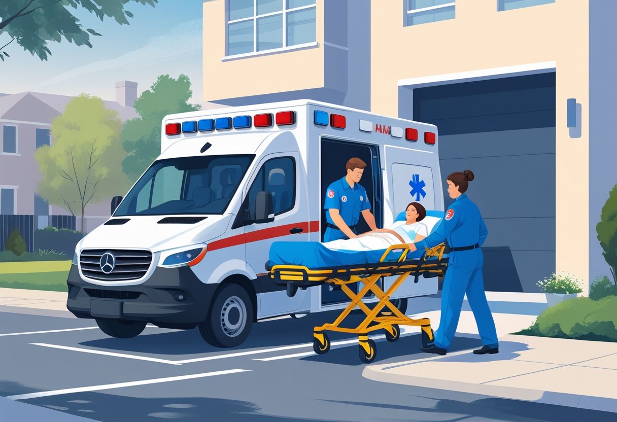 Uma ambulância particular estacionada em frente a um prédio residencial, com um paramédico auxiliando um paciente em uma maca para entrar na ambulância.