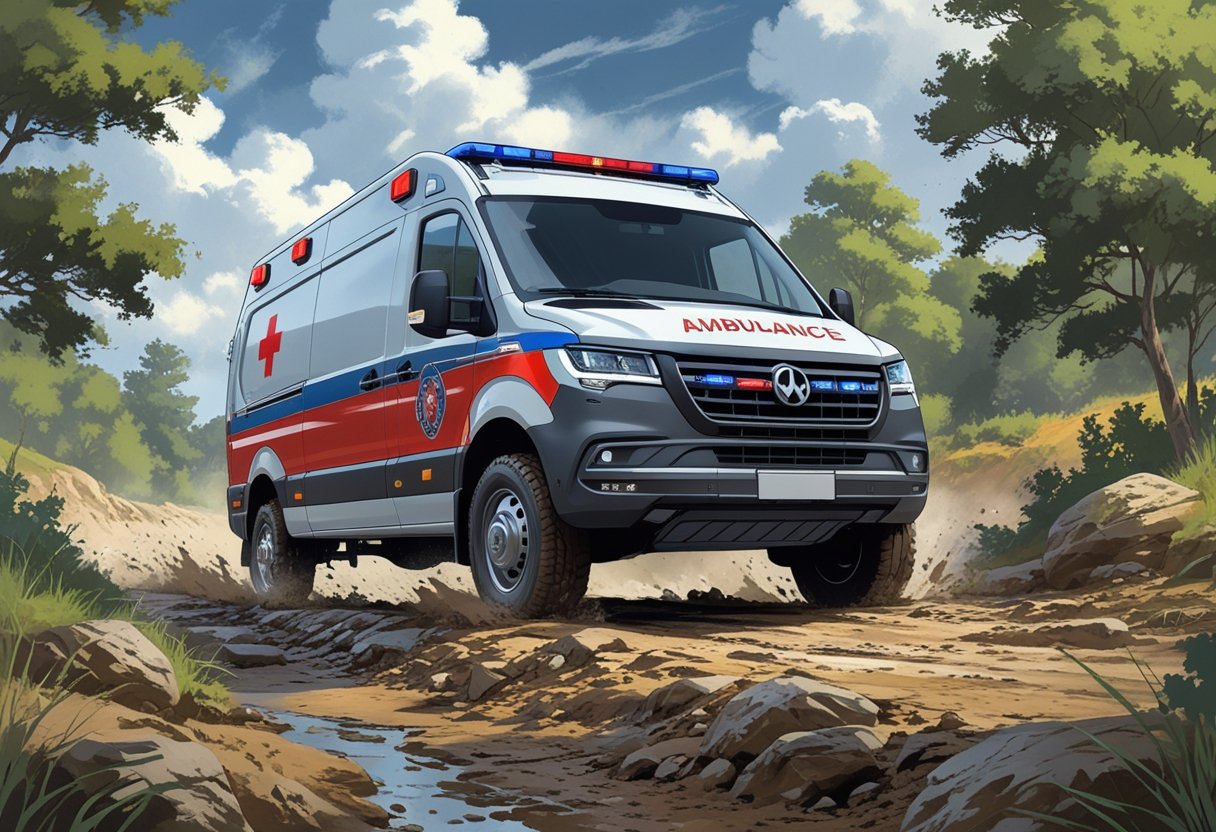 Ambulância 4x4 dirigindo em terreno acidentado com árvores ao redor e céu nublado.
