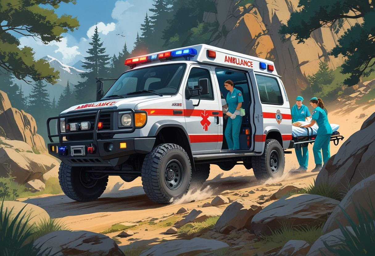 Ambulância 4x4 em terreno acidentado com profissionais de saúde atendendo um paciente em uma maca ao lado do veículo.