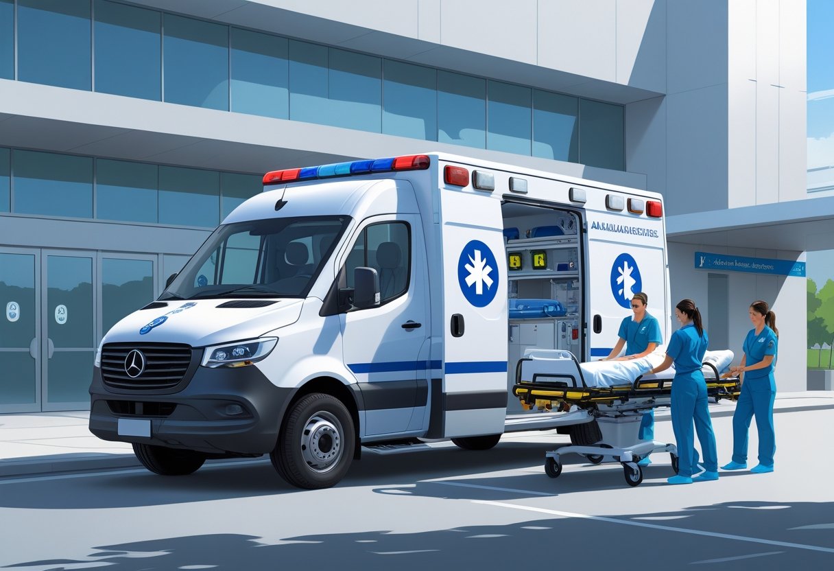 Ambulância UTI móvel particular estacionada em frente a um hospital, com paramédicos atendendo um paciente em uma maca.