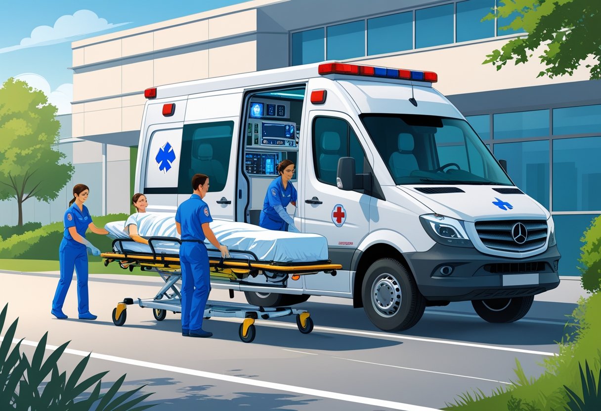 Ambulância UTI móvel particular estacionada na frente de um hospital, com paramédicos atendendo um paciente em uma maca.