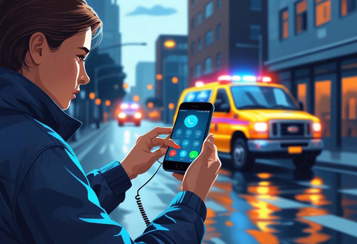 Pessoa segurando um smartphone discando para a emergência, com uma ambulância ao fundo pronta para atender.