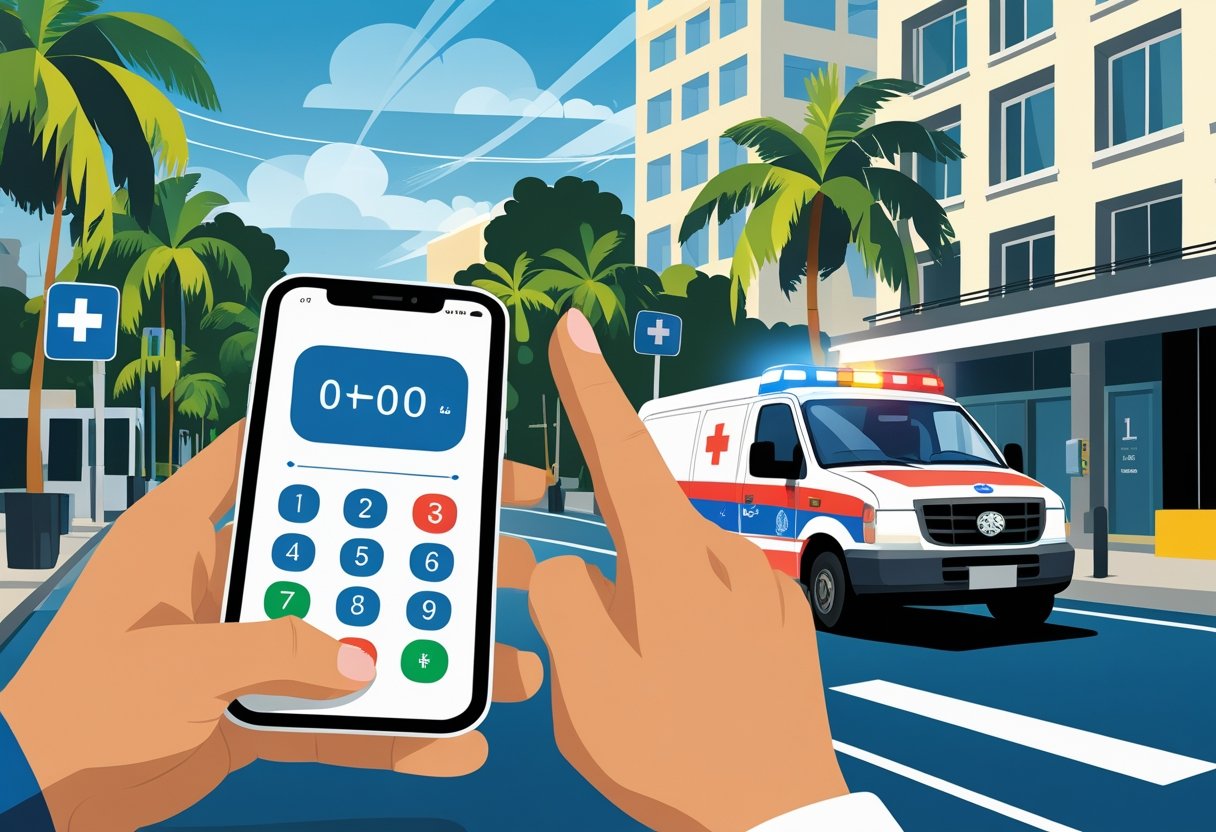 Pessoa fazendo uma ligação de emergência em um smartphone, com uma ambulância chegando em uma rua da cidade ao fundo.