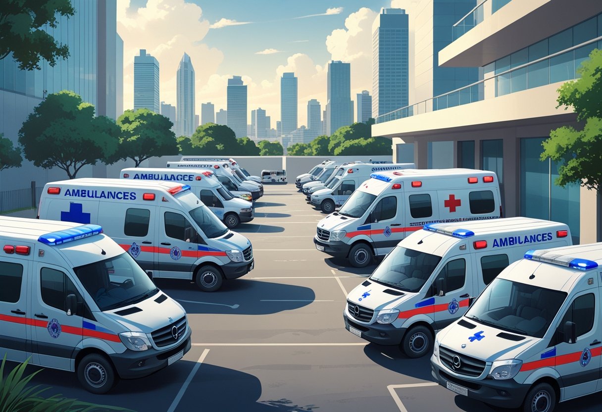Frota de ambulâncias particulares estacionadas em frente a um hospital moderno, com prédios da cidade de São Paulo ao fundo.