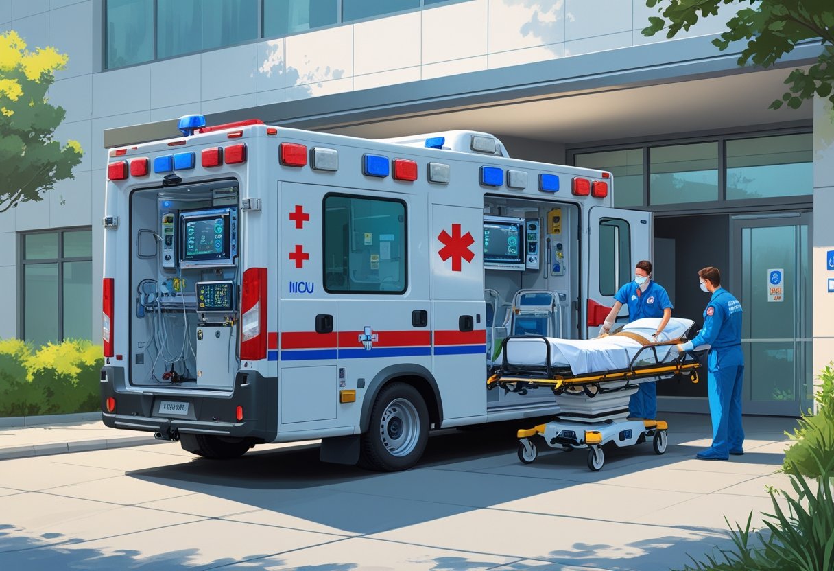 Ambulância UTI móvel estacionada em frente a um hospital com paramédicos transferindo um paciente em uma maca para dentro da ambulância.